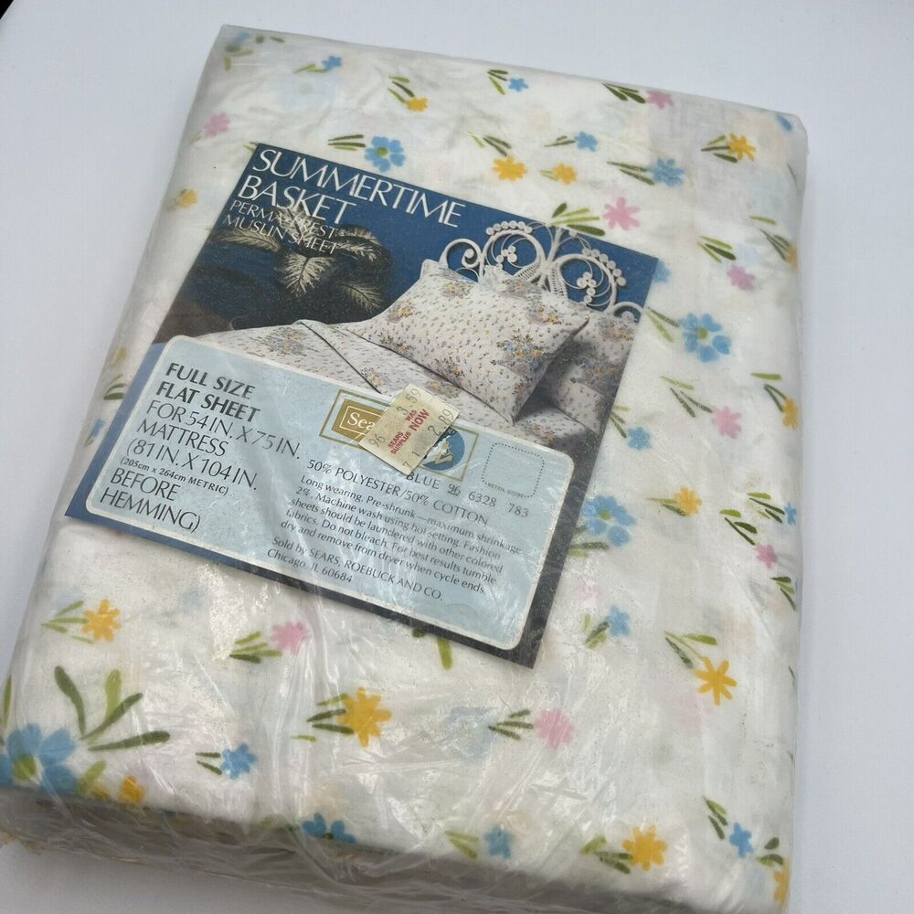 Vtg Sears Perma Prest Muslin 50/50 Full Flat Sheet Summertime Flowers Basket